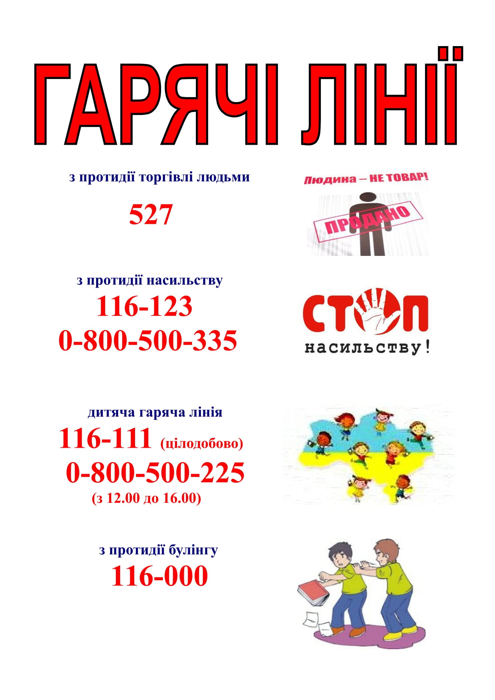 Плакат «Гарячі лінії» з переліком телефонів довіри